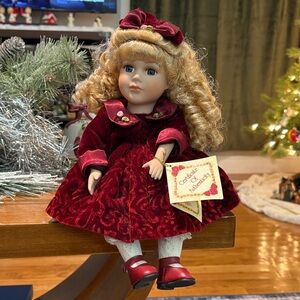 Vintage Porcelain Musical Red Velvet Doll with Blonde Curls